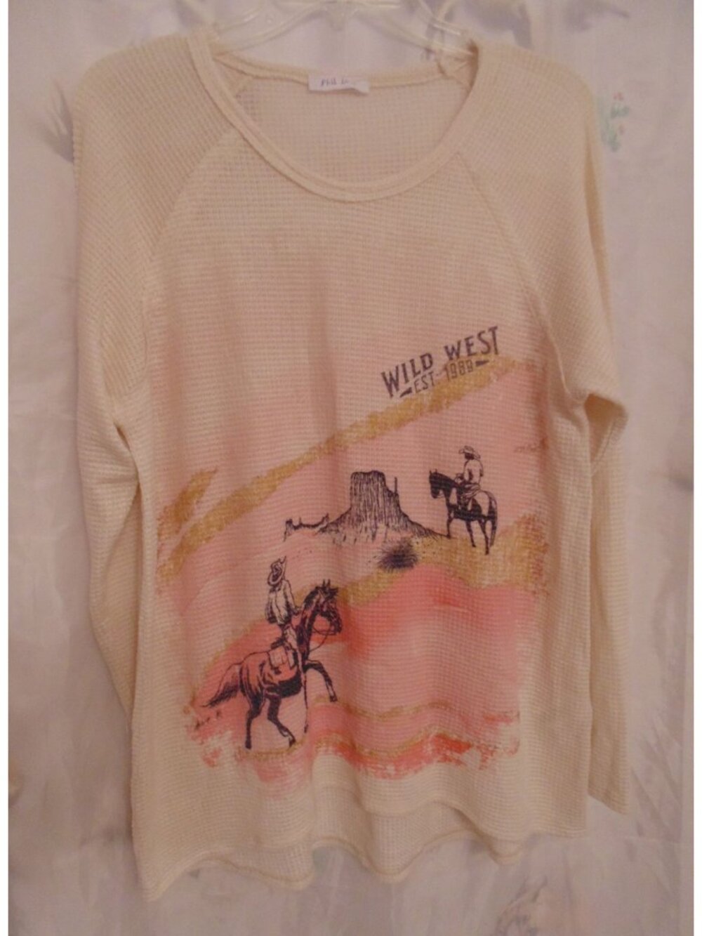 Ladies Phil Love Wild West Cowgirl Cowboy Waffle Boutique Pink Ivory Shirt Top L